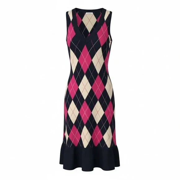 Tommy Hilfiger Womens Argyle V-Neck Sleeveless Knit Sweater Dress Pink Black M - Picture 2 of 6